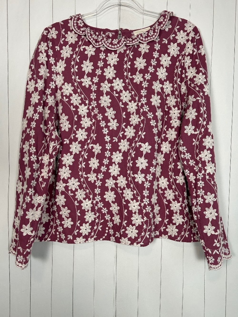Sezane size 46 US 14 Eglantine blouse purple long sleeve high neck embroidered